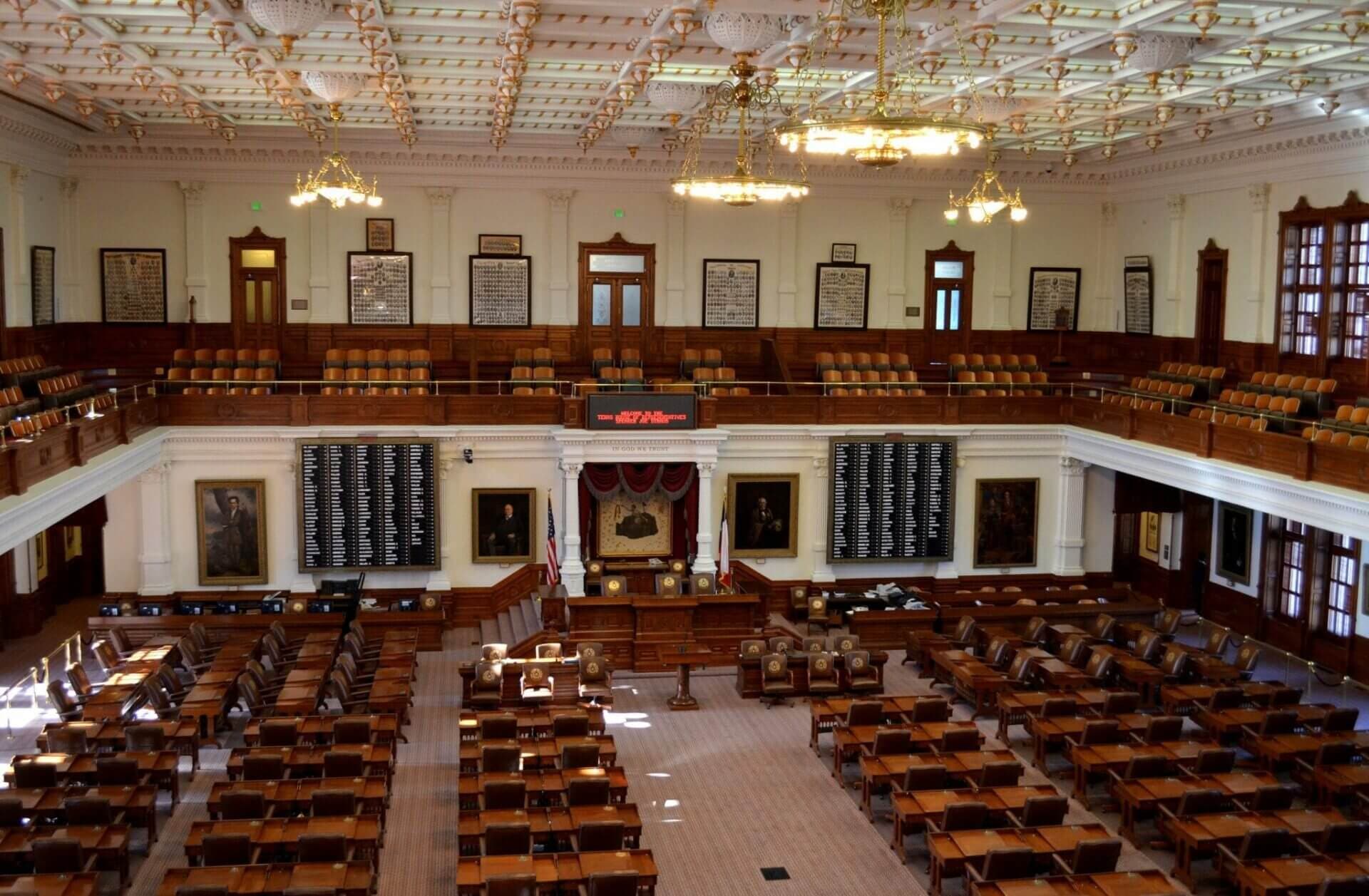The Texas House of Representatives chamber inside the State Capitol.