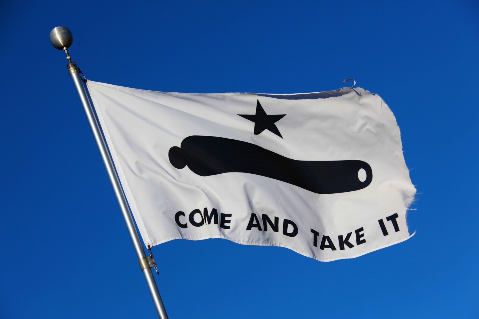 The Gonzales "Come and Take It" flag flying against a blue sky.